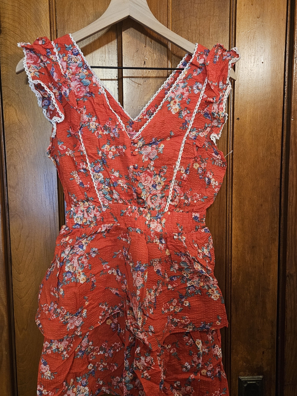 Betsey Johnson Red Floral V-Neck Mini Dress with Lace Trim - Picture 3 of 7